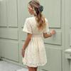 Summer White Women's Embossed Floral Mini Dress, Deep V-Neck, Smocked Waist, A-Line Summer Casual Dress