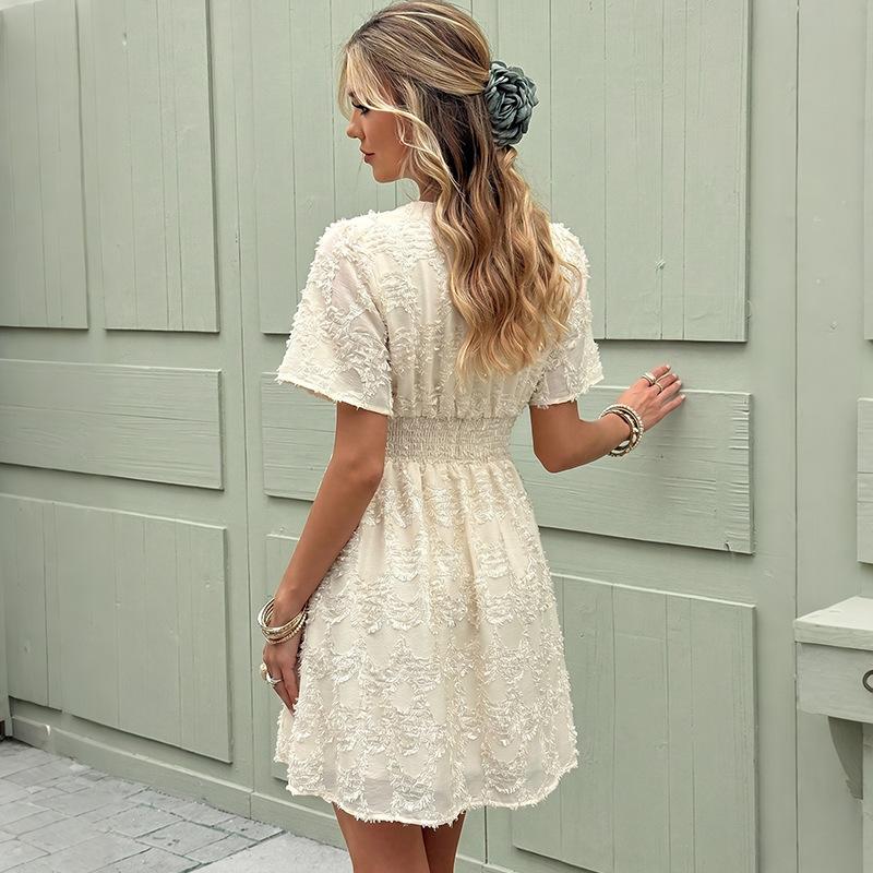 Summer White Women's Embossed Floral Mini Dress, Deep V-Neck, Smocked Waist, A-Line Summer Casual Dress