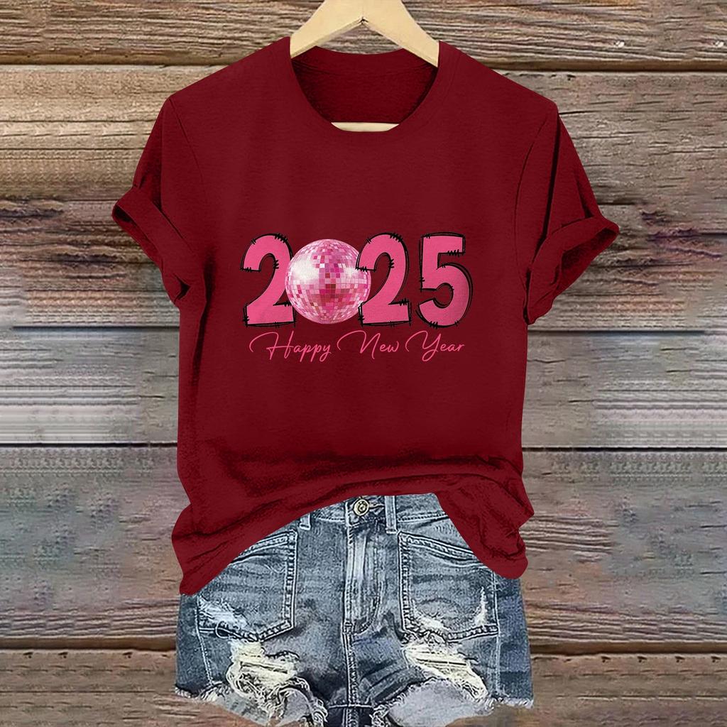 Women's Long Sleeve Round Neck T-Shirts 2025 New Year Print Puff Sleeve Shirts Button Blouses Tops