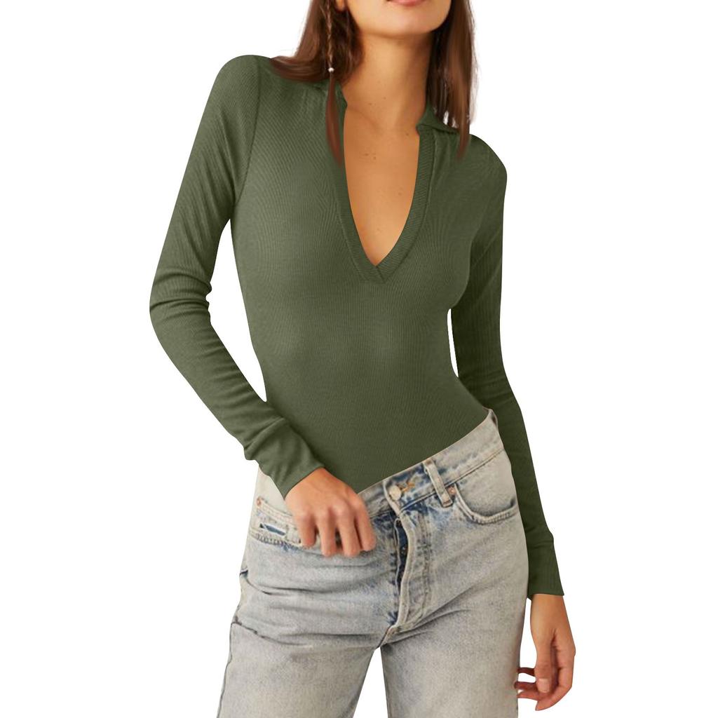 Женская цельная футболка, тонкий длинный рукав, V-образный вырез, однотонный комбинезон, топ