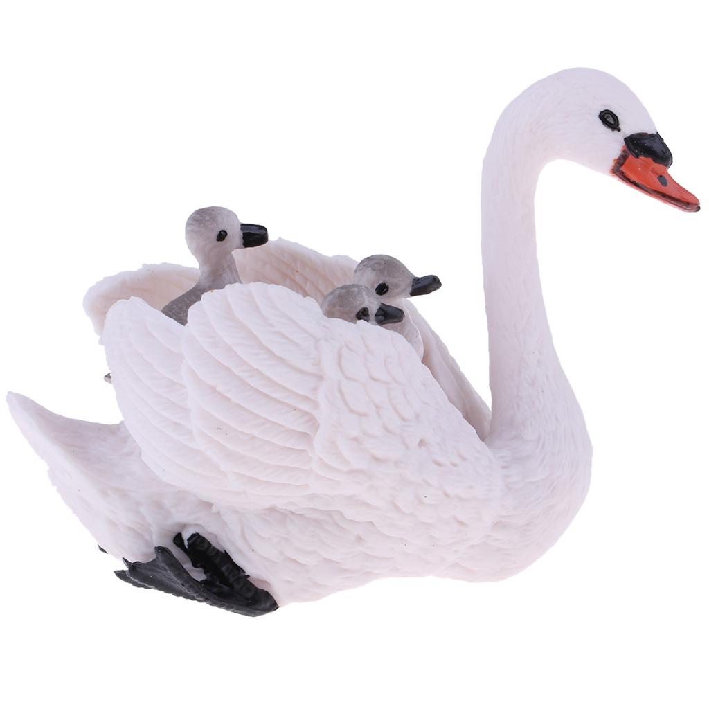White Swan Figure with Babies On Back Animal Model Set Toy Home Ornaments