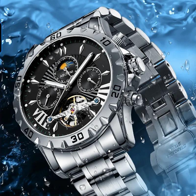 Men Business Casual Mechanical Watch Calendar Week Moon Phase Multifunctional Waterproof Luminous Stainless Steel Wristwatch