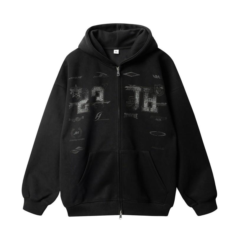 American Fall Winter 350g Fleece Hoodie Men Women Oversize Printed Casual Couple Zip Up Sweatshirt