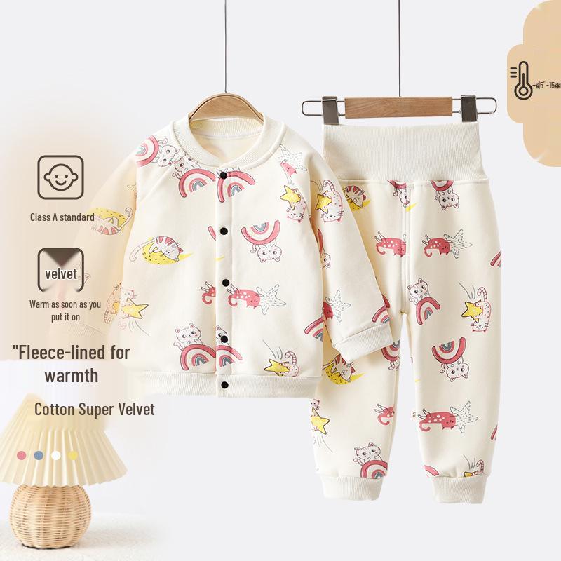 Baby Fleece Set: Warm Autumn & Winter Outing Clothes with High Waist Belly Protection
