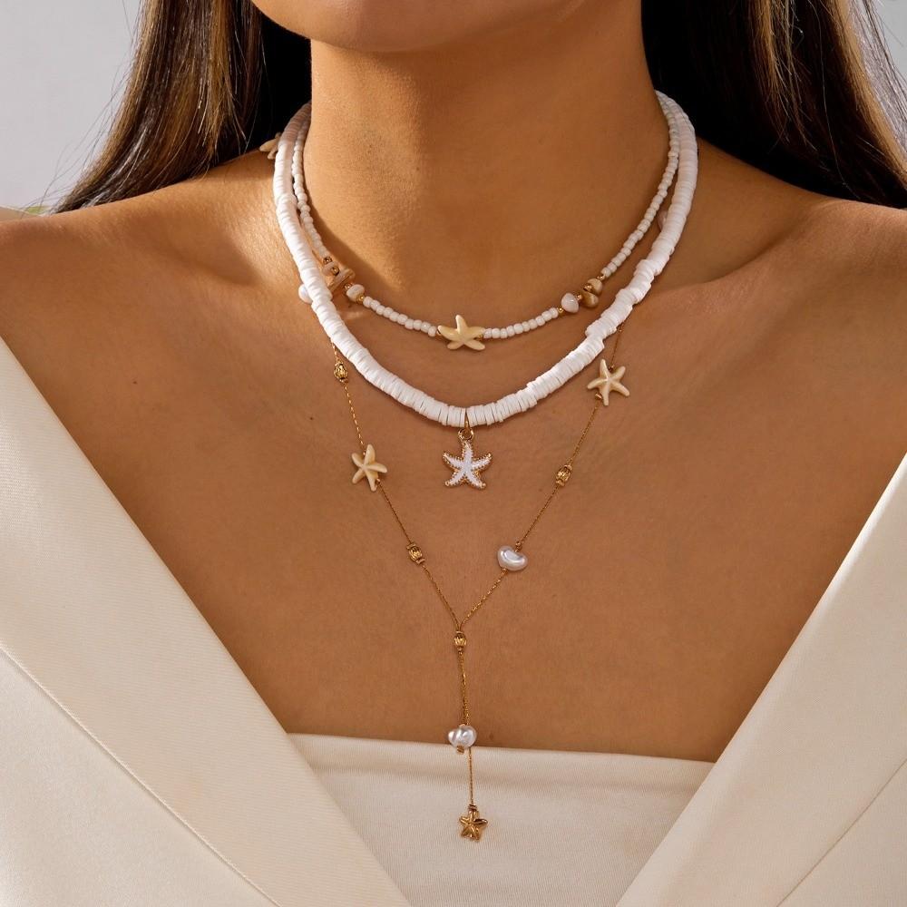 4Pcs/Set Vintage Boho Starfish Pendant Necklace Imitation Pearl Beads Clavicle Chain Multilayer Shell Choker Jewelry