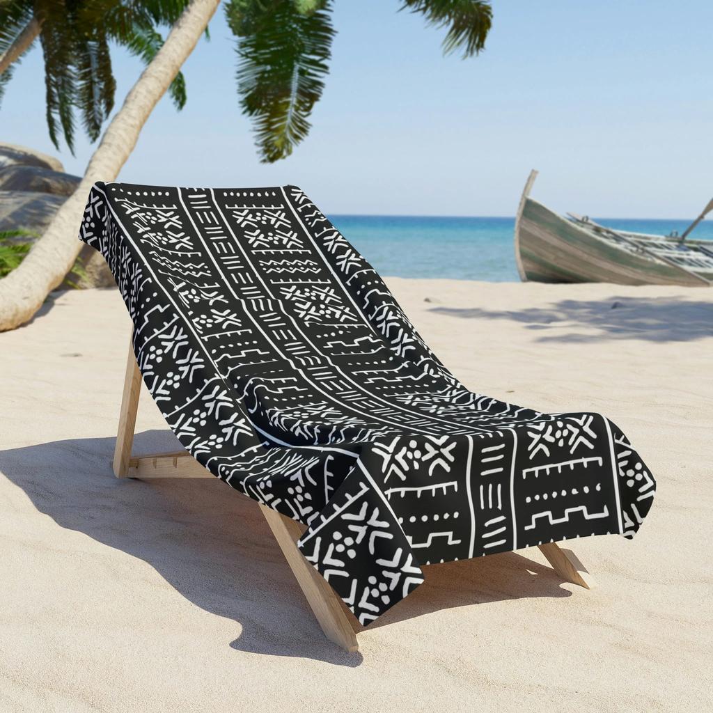 Black African Print Beach Towel, Ethnic Bohemian Summer Beach & Pool Essential Soft Towel