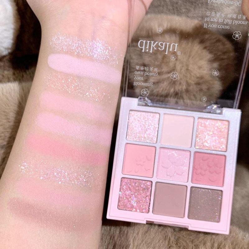 Romantic Pink Flower 9-Colors Glitter Eyeshadow Matte Shimmer Pink Brown Shiny Eye Shadow Girl Makeup Palette Lasting Cosmetic