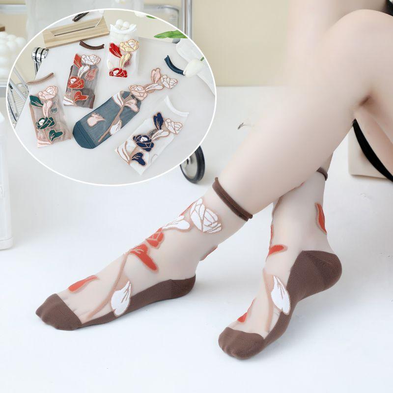 1/3/5/10 пар прозрачных нейлоновых длинных носков, женские летние ультратонкие дышащие шелковые носки с кристаллами, милые кружевные носки с вышивкой и цветочным узором