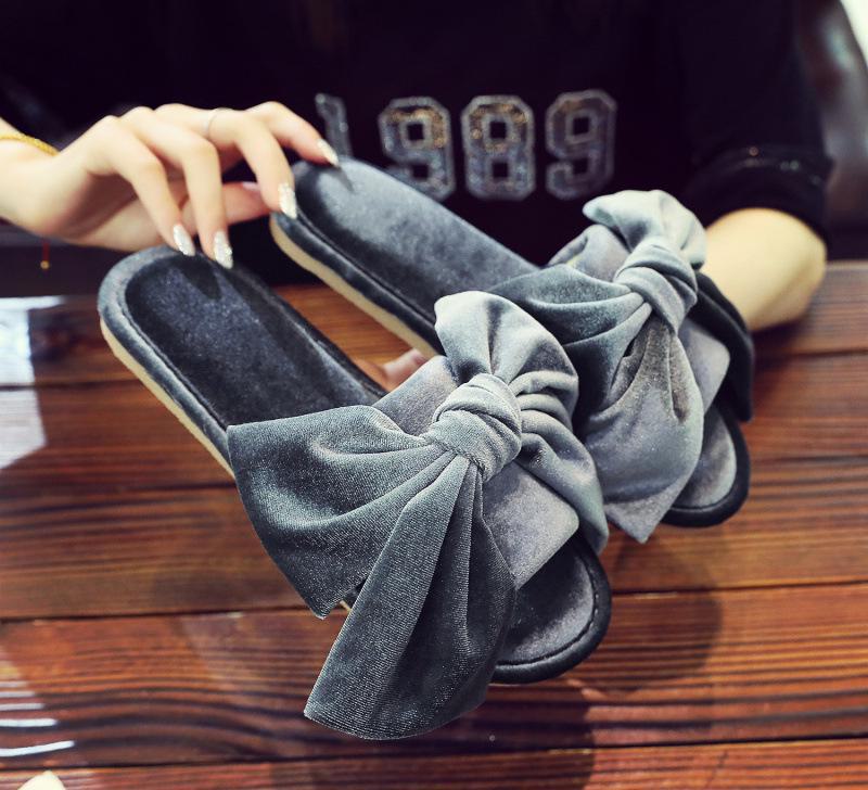 Корейские замшевые тапочки с бантом из золотистого бархата, нескользящие для дома и улицы, для женщин, Four Seasons  