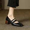 New Casual Women's Small Leather Shoes with One Foot, Square Head and Foot Shoes, Women's Black Medium Heel, Women's Shoes with Square Heel In All