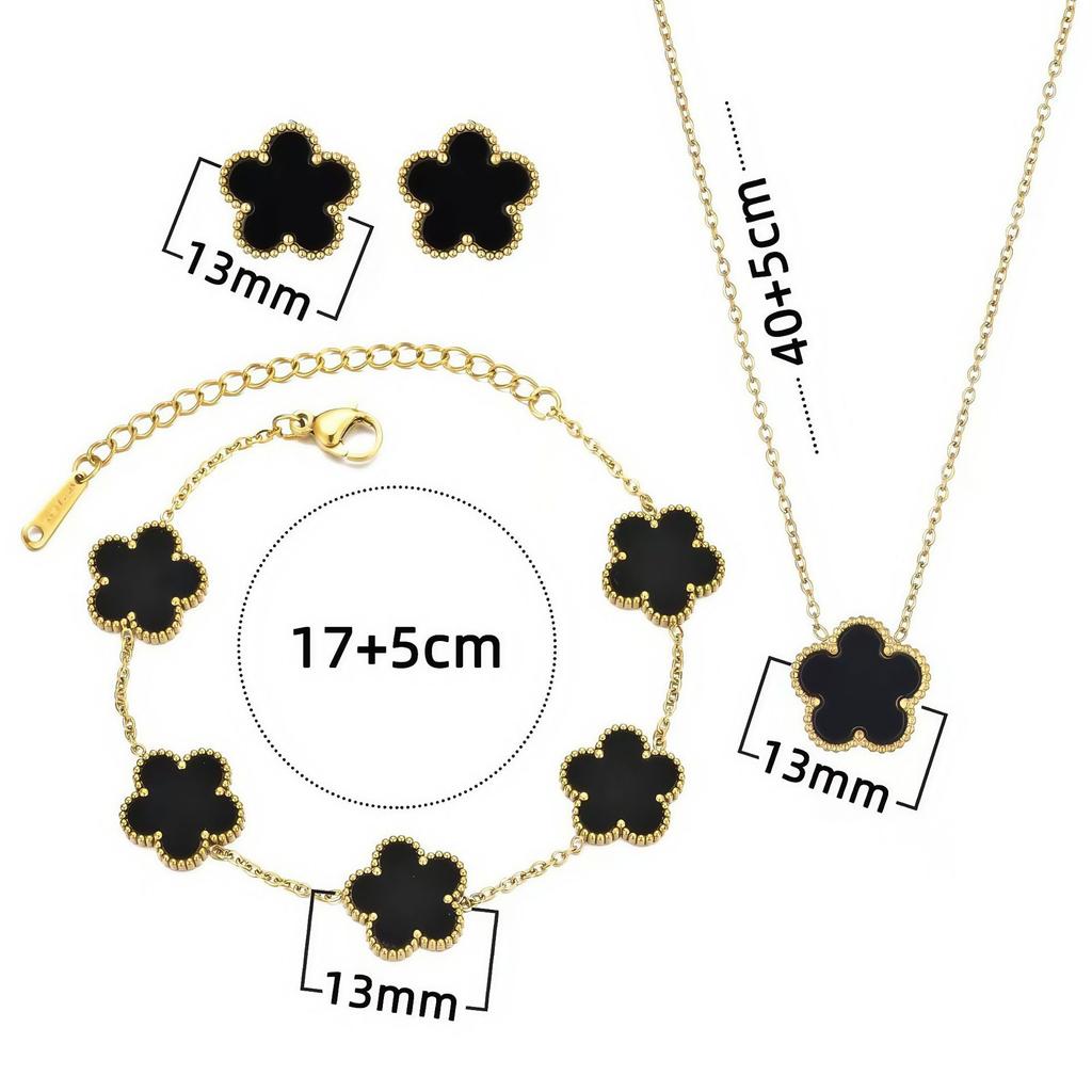 3PCS Titanium Steel Lucky Five Leaf Flower Necklace Bracelet Earring Set
