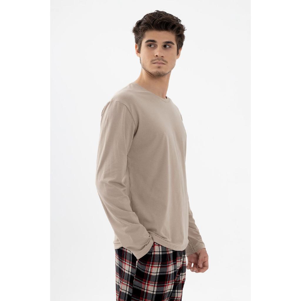 Men's Cotton Long Sleeve Basic Black - Mink Patterned Pocket Detail Pajama Set