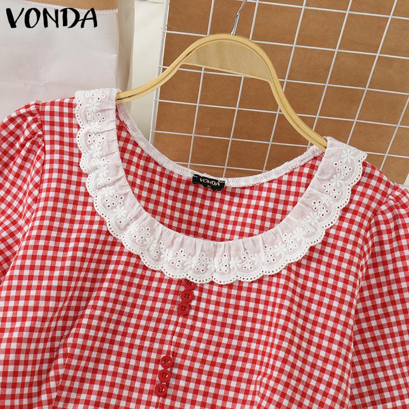 VONDA Женские летние кружевные блузки с квадратным вырезом в клетку с коротким рукавом и пузырьками