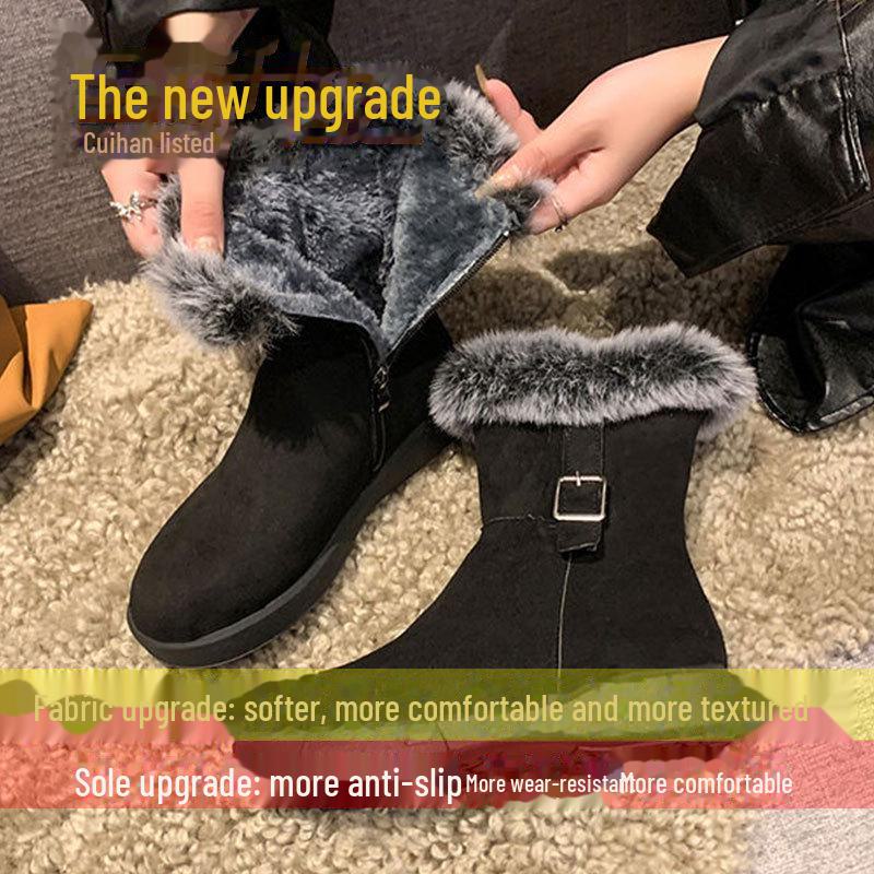 Женские зимние сапоги из замши и меха в стиле ретро 2024 года: Мягкий, нескользящий, короткий, на бархатной подкладке, плотный теплый хлопок.