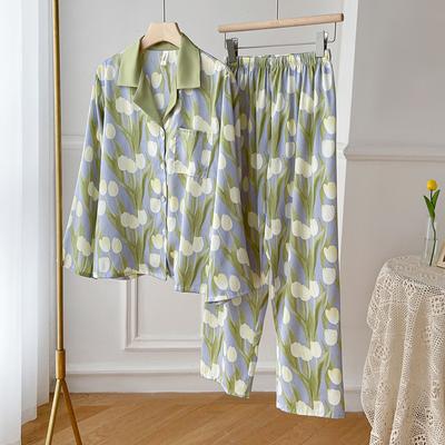 Атласные пижамы с тюльпановым принтом, женские осенние тонкие кардиганы с длинными рукавами, осень 2022, домашняя одежда, пижамы