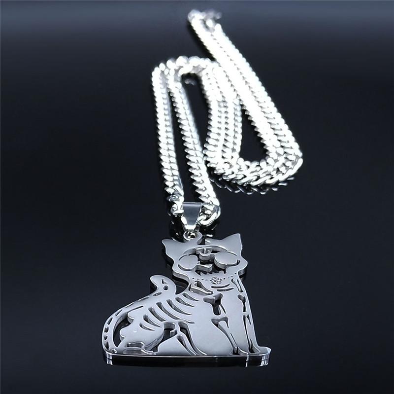 Gothic Wicca Skeleton Cat Pentagram Stainless Steel Necklace Women/Men Necklaces Jewelry collar acero inoxidable 3828-QKC