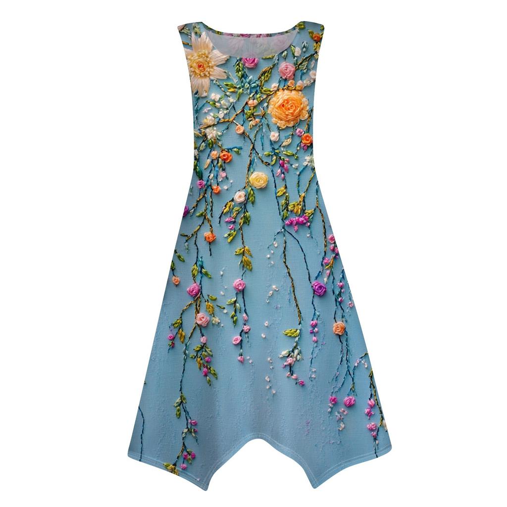 Женское повседневное модное платье средней длины с круглым вырезом без рукавов с винтажным цветочным принтом и неровным подолом