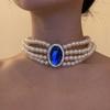 Четырехслойное ожерелье со стразами, цепочка на ключицу с синими драгоценными камнями, жемчужный воротник, чокер, свадьба