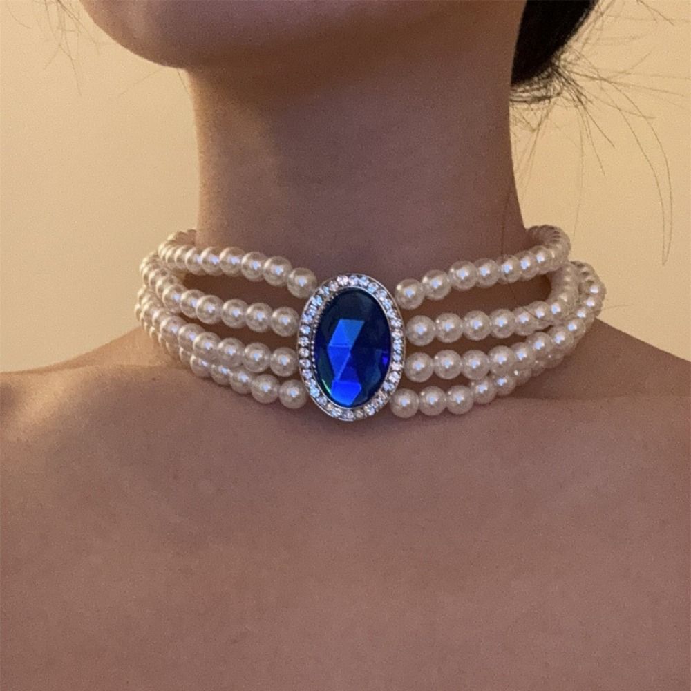 Четырехслойное ожерелье со стразами, цепочка на ключицу с синими драгоценными камнями, жемчужный воротник, чокер, свадьба