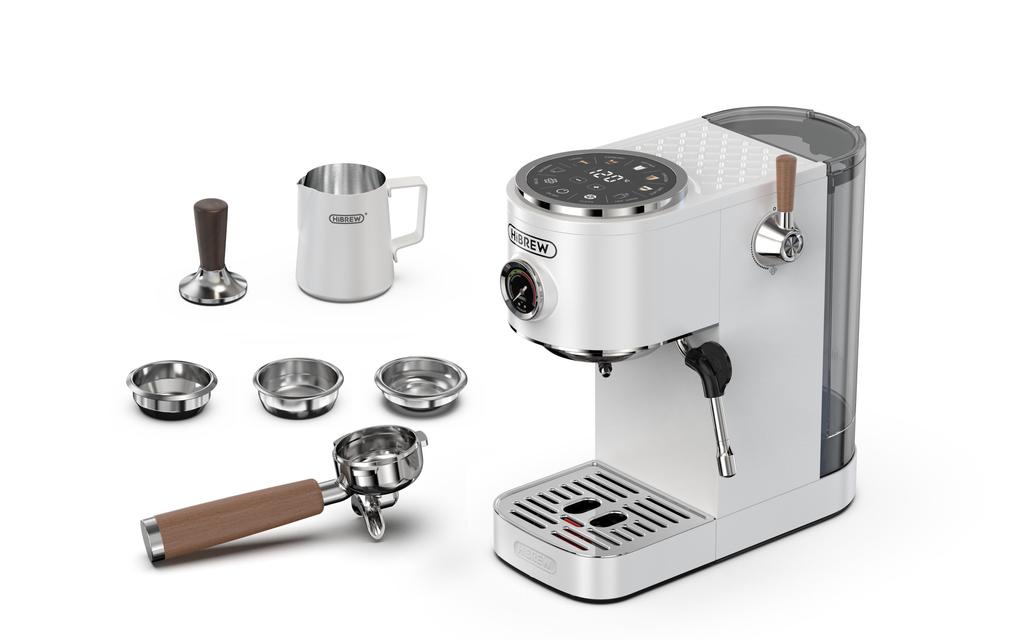 HIBREW H13 20-Bar Semi-Automatic Espresso Machine featuring dual temperature control,dual boilers,large touchscreen,solid wood steam wand.