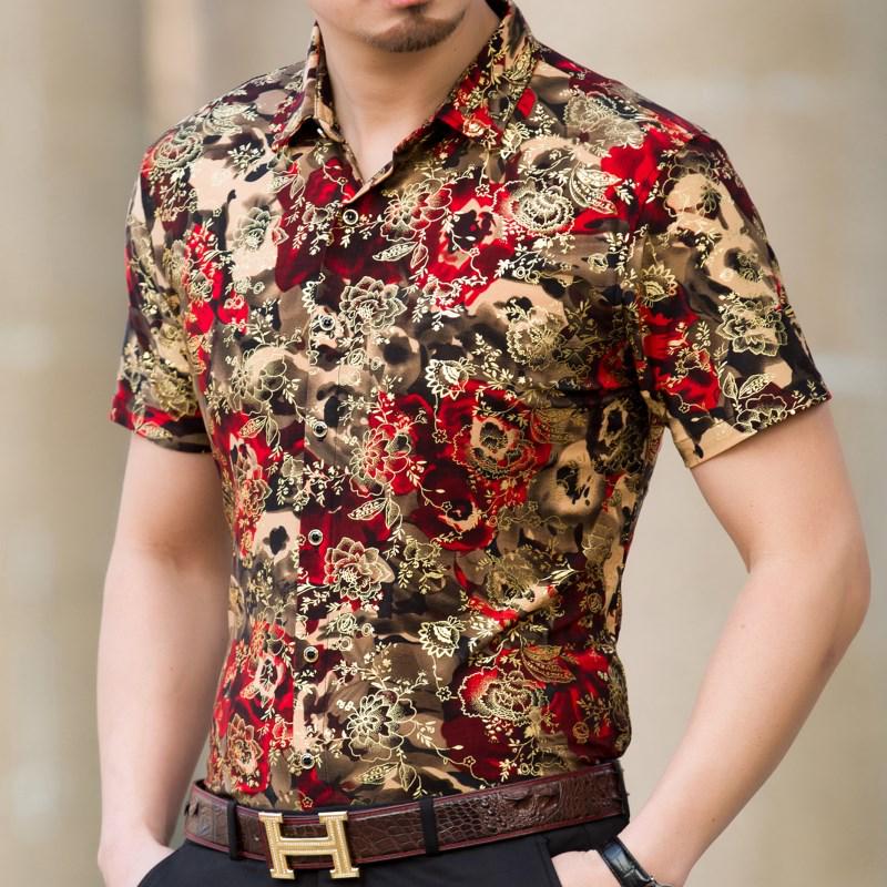 Мужская летняя рубашка с коротким рукавом в стиле ретро с золотым тиснением