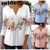 Весенне-летняя мода Женская одежда Цветочный принт V-образный вырез Короткий рукав Плиссированная Пуговичная футболка Базовый слой