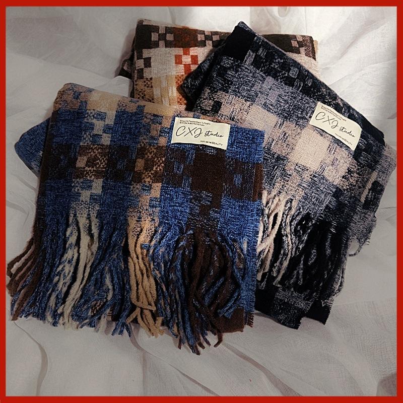 2024 Autumn/Winter New Women'S Mosaic Grid Thickened And Extended Warm Scarf With Contrast Color, High Grade Tassel Versatile Scarf And Shawl