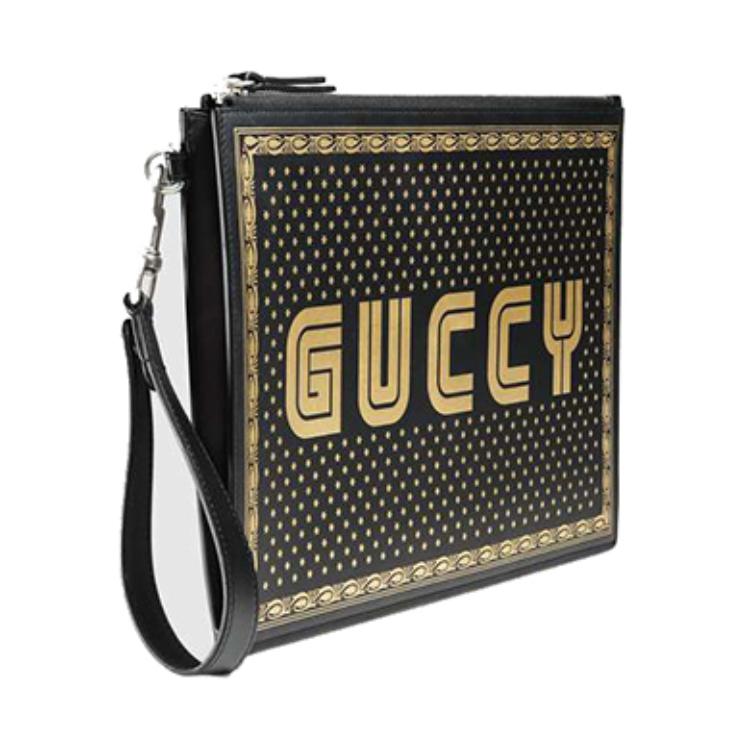 Gucci Кожаная сумка-клатч на запястье с принтом "GUCCY" и фурнитурой золотого тона Для унисекс Роскошная для повседневного использования