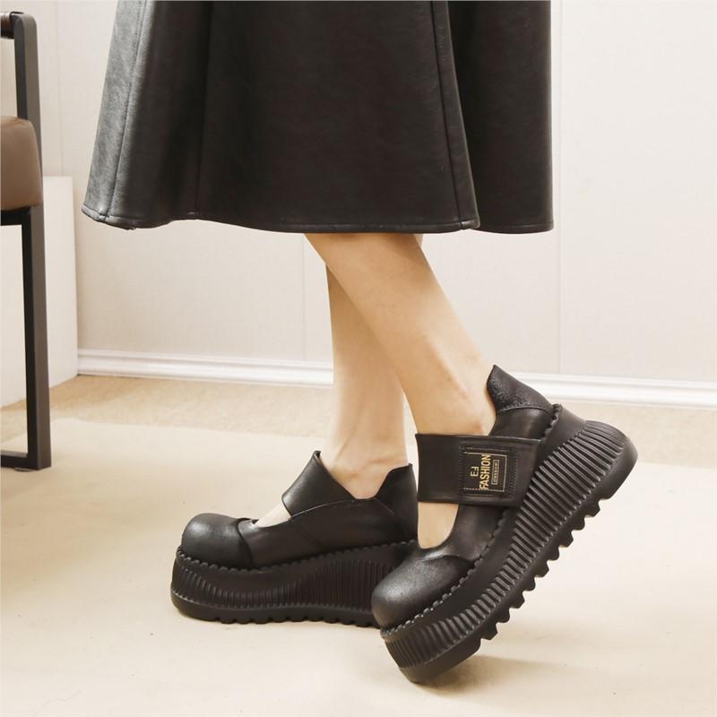 Johnature Туфли из натуральной кожи на толстой подошве с завышенной талией, женские туфли в стиле ретро с круглым носком на плоской платформе