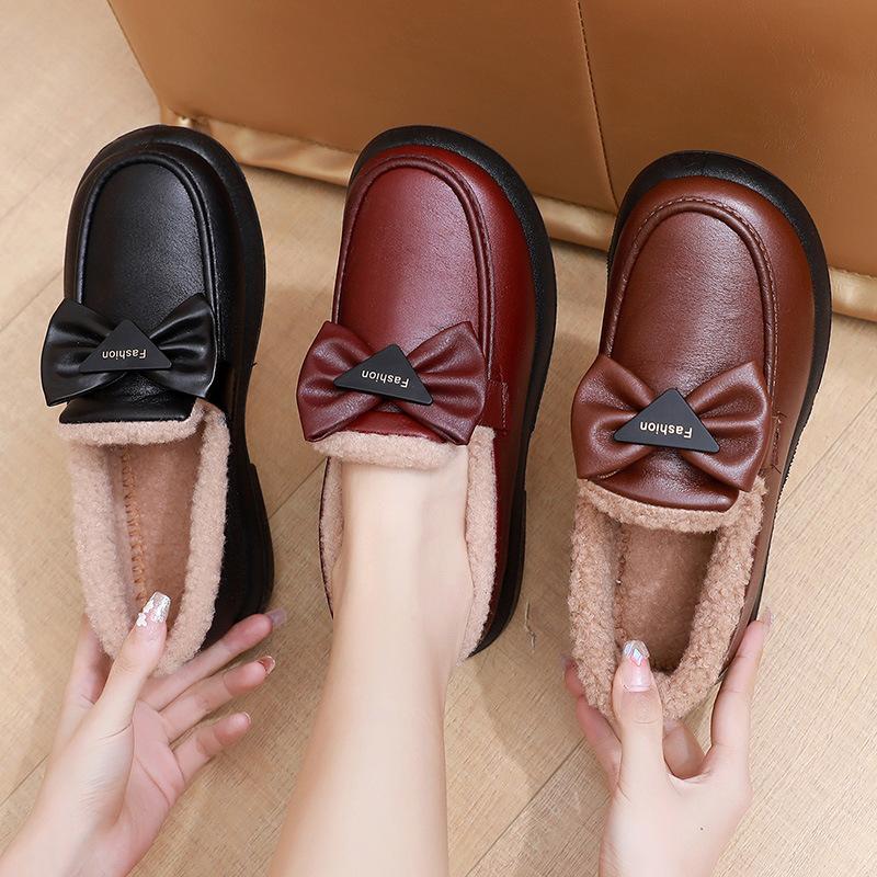 Cotton Shoes Women's Winter 2025 Velvet Small Fragrant Wind One Pedal Thickened Fashionable Mother Cotton Boots Warm Pregnant Women Work Leather Boots