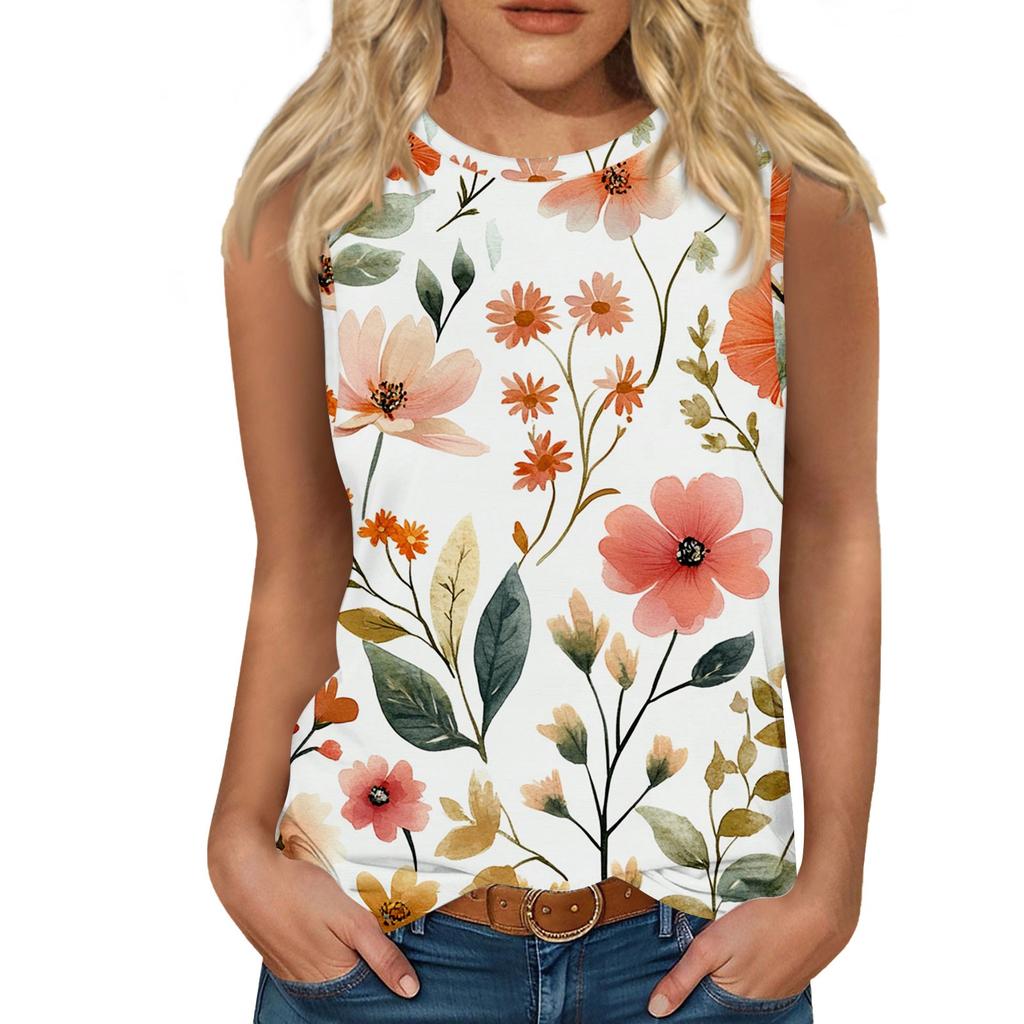 Women's Casual Round Neck Printed Sleeveless Vest Tops Vest