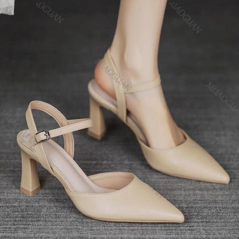 Мода 2025 Летняя обувь для женщин Толстый высокий каблук Сандалии Баотоу Мода Острый носок Мягкая кожа Однотонные Сандалии на каблуке Женские