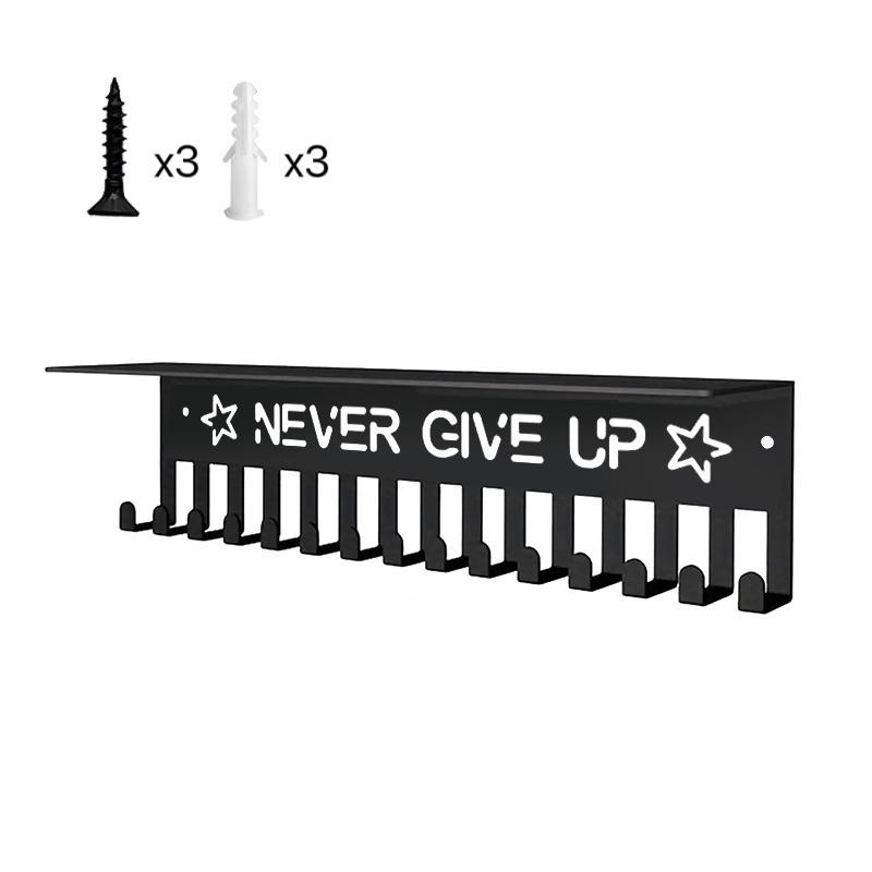 Metal Trophy Display Stand Athletic Award Organizer Never Give Up Theme Wall-Mounted Medal Display Rack Multi-Hook Home Decor