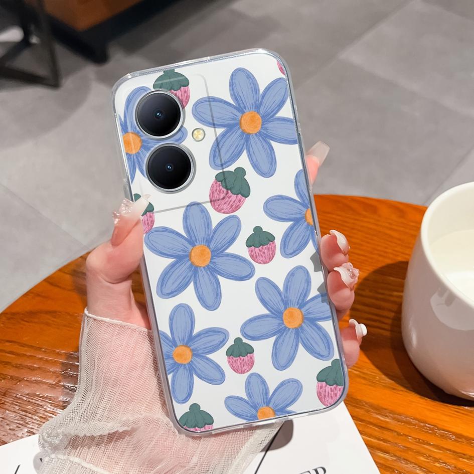 Back Cover For Vivo Y35 Plus V27 Y78 Pro Y02A Plus iQOO Neo8 Case Pretty Flower Pattern Clear Soft Silicone TPU Screen Protector Bumper For Vivo Capas