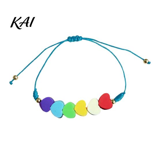 Lightweight Soft Clay Accessory Colorful Hearts Bracelet, Handmade Braided Cord String Adjustable Boho Style Woven Bracelet Heart Shaped Beads Jewelry
