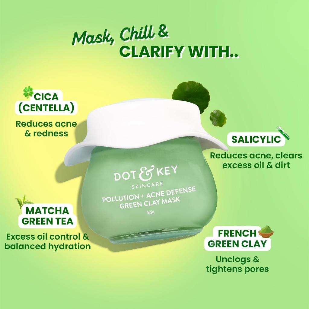 Dot & Key Pollution Acne Defense Green Clay Mask 85g | Detoxifying Facial Mask for Oily & Acne Prone Skin
