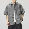 Men's Retro Japanese Loose Military Green Cotton Shirt Jacket, Short-Sleeved