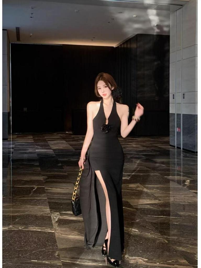 Женское облегающее красное вечернее платье с 3D-цветочным халтером - Облегающее платье-бодикон с разрезом