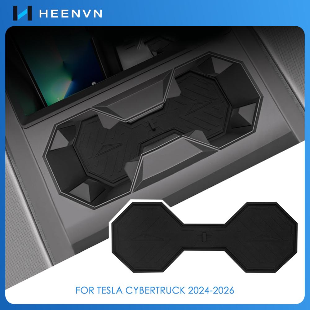 Heenvn Car Cup Coaster For Tesla Cybertruck 2024-2026 Anti-Slip Silicone Mat Car Water Cup Holder Pad Black Interior Accessories