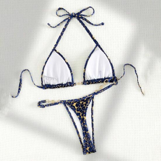 2Pcs/Set Women Sexy Bikini Set Leopard Print Halter Bra Faux Pearls Briefs