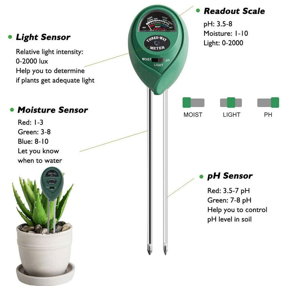 Humidity Detector Acidity Sunlight Monitor Moisture Sunlight Testing pH Test Meter 3in1 Soil Tester
