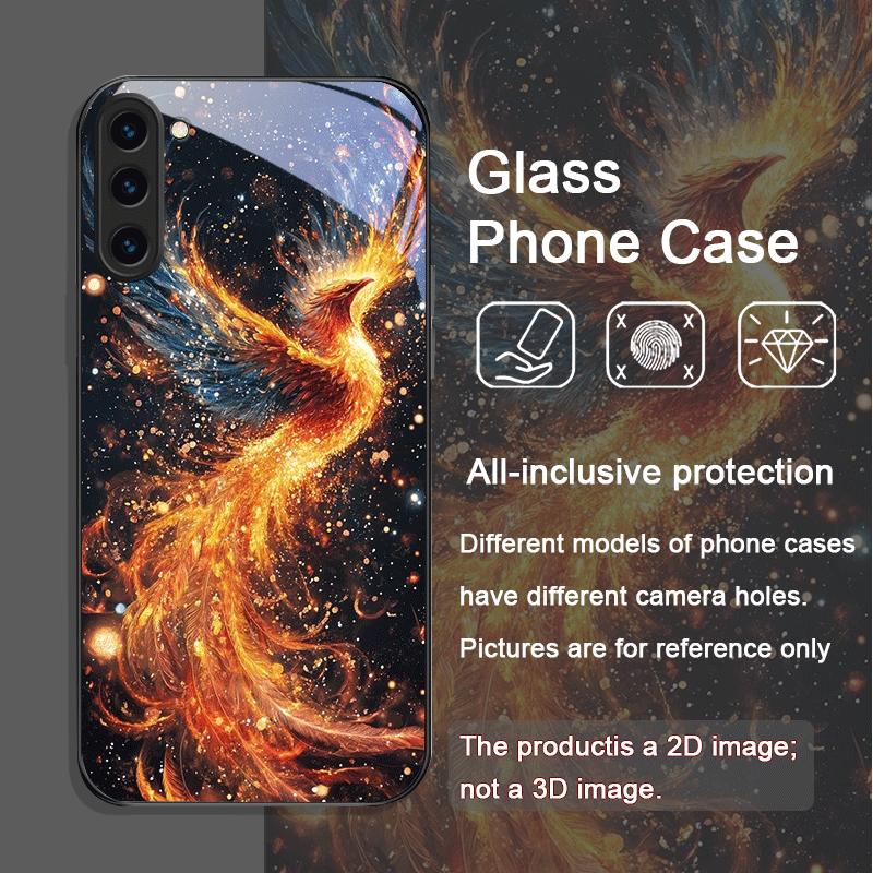 Эстетичный Чехол из Закаленного Стекла с Узором Перо Феникса и Огня для Samsung Galaxy S25 Ultra S24 S23 Plus S22 S21 S20 FE