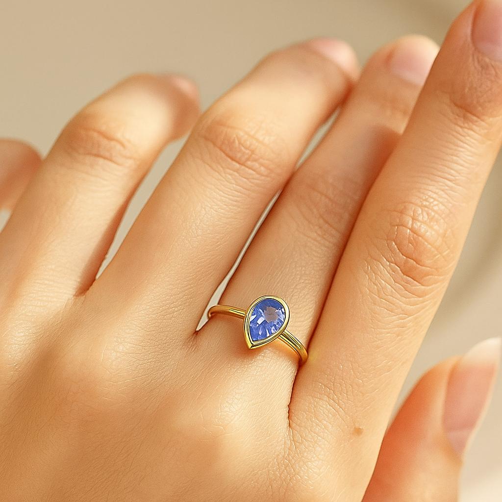 Blue Sapphire Teardrop Gold Plated Ring for Women – Elegant Gemstone Jewelry