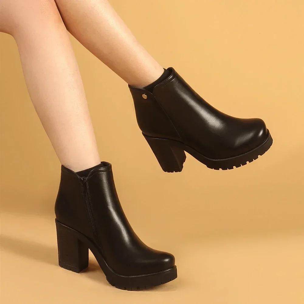 Women's Ankle Boots Chunky Stacked Heel Zipper Booties Winter Warm Autumn Square High Heel Platforms PU Leather Booties