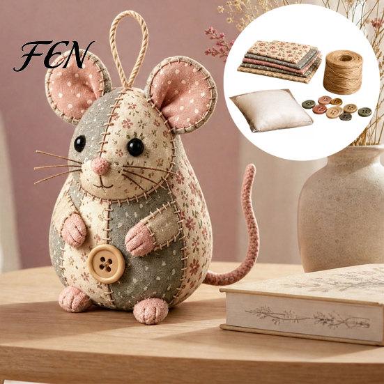 Floral Fabric Sewing Project Patchwork Mouse DIY Kit, Handmade Craft Set with Fabric, Stuffing & Cute Plush Decoration Buttons, Stuffed Ornament