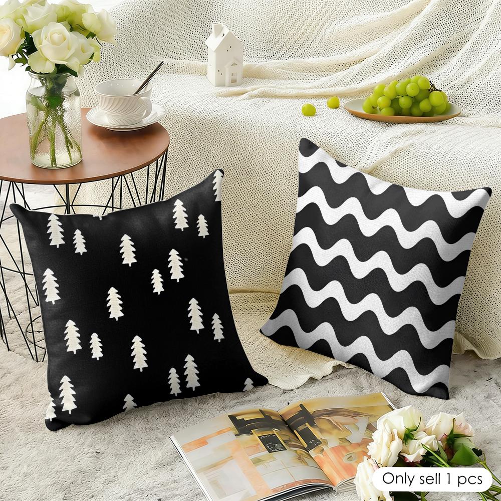 New Black White Geometric Design Cushion Cover Natural Linen Organic Fabric Printing Breathable Perfect For Home Decor