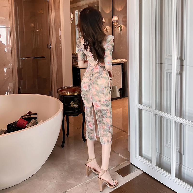 GMXIA Летняя женская одежда, французское ретро-платье с квадратным воротником, тонкое платье с цветочным принтом, юбка для перерыва на чай