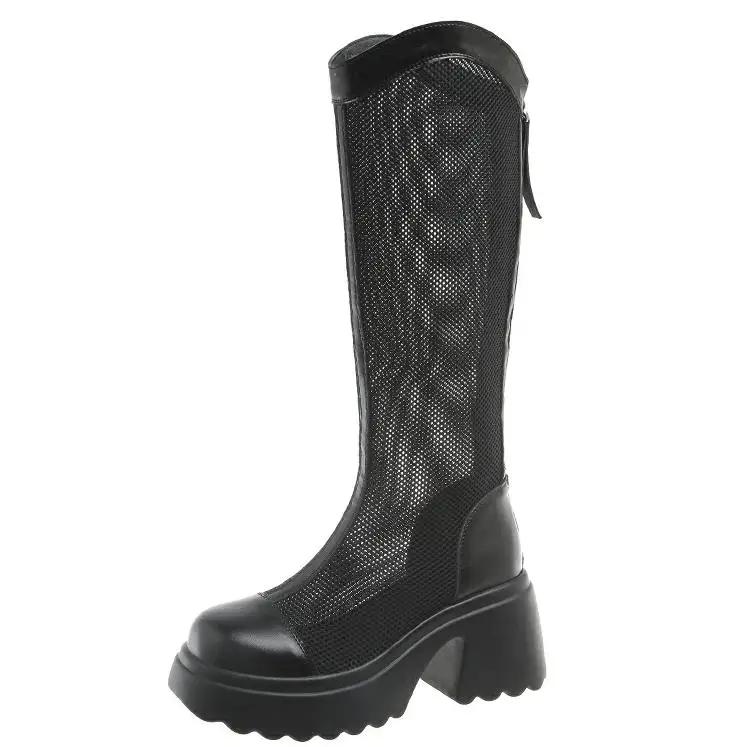 Модные 7 см Женские Летние Сетчатые Сапоги до Колена Женские Дышащие Сетчатые Рыцарские Сапоги Толстый Каблук Полые Длинные Крутые Сапоги Botas Mujer