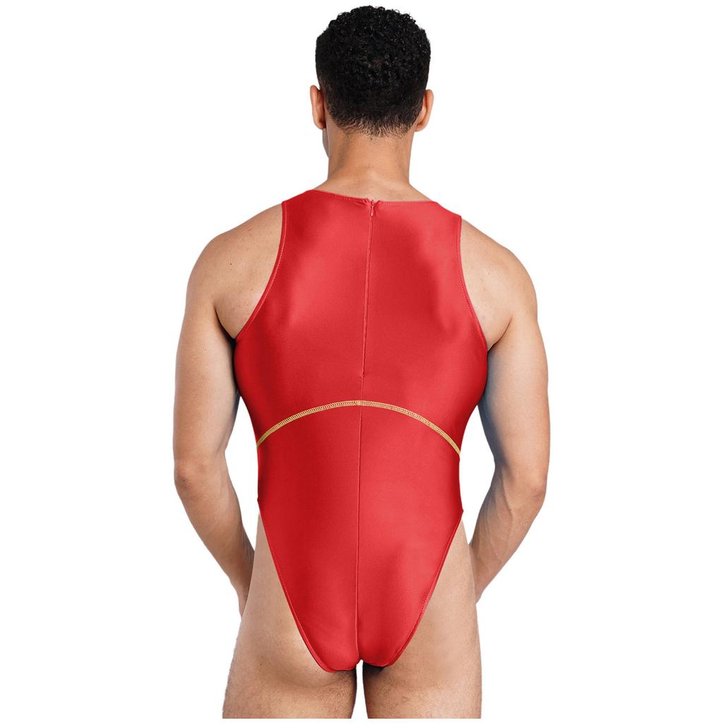 Мужской bodysuit-купальник с высоким вырезом, блестящий, color block, швы, без рукавов, цельный, для пляжа, загара, S-XXL
