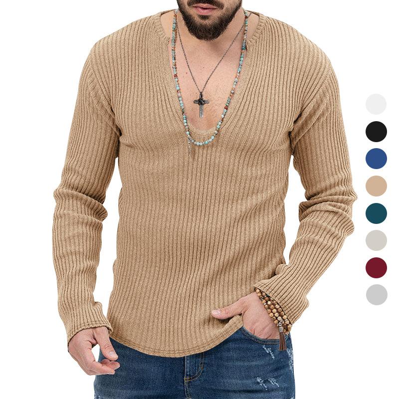 Men's V-Neck Ribbed Long Sleeve Knit Sweater, Slim Fit Casual Pullover, Multiple Color Options
